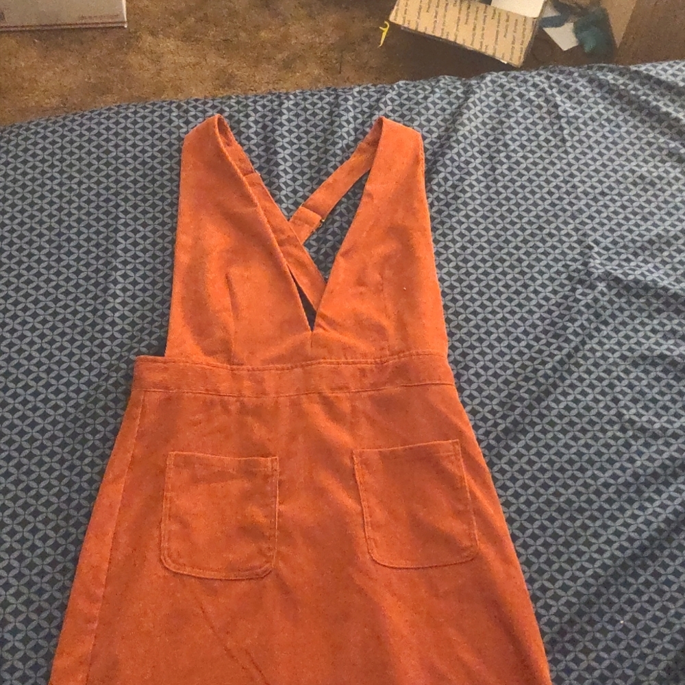 Rust Orange Corduroy Pinafore Jumper Dress with Pockets
